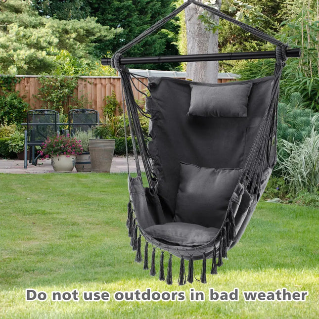 Hanging Rope Swing Chair with Soft Pillow and Cushions-Gray - Gray - Hammocks