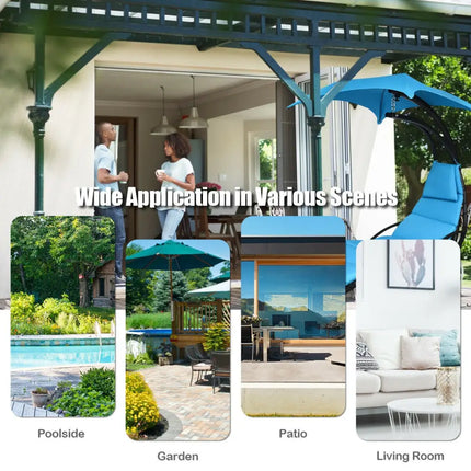 Hanging Stand Chaise Lounger Swing Chair with Pillow-Blue - Blue - Outdoor Chaise Lounges