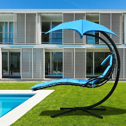 Hanging Stand Chaise Lounger Swing Chair with Pillow-Blue - Blue - Outdoor Chaise Lounges