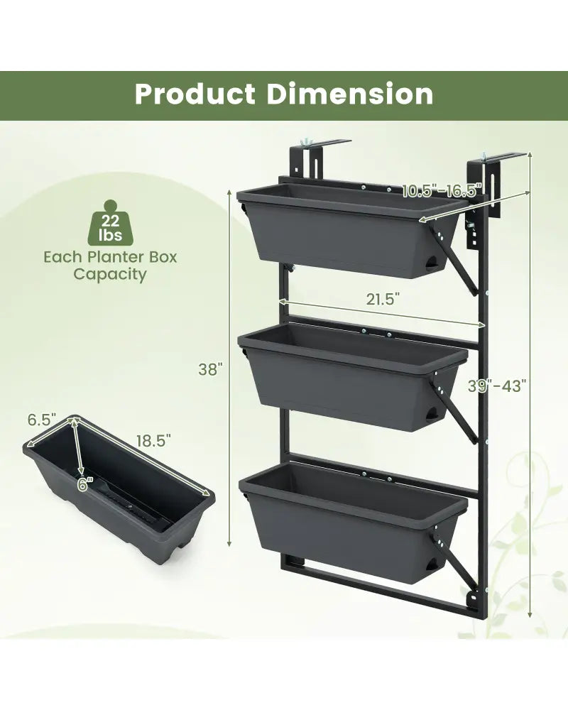Hanging Vertical Planter Wall-mounted Adjustable with Detachable Hooks-Black - Black - Raised Garden Beds
