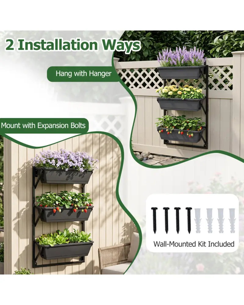 Hanging Vertical Planter Wall-mounted Adjustable with Detachable Hooks-Black - Black - Raised Garden Beds