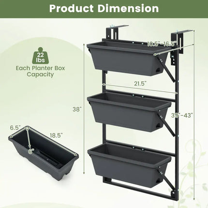 Hanging Vertical Planter Wall-mounted Adjustable with Detachable Hooks-Black - Black - Raised Garden Beds