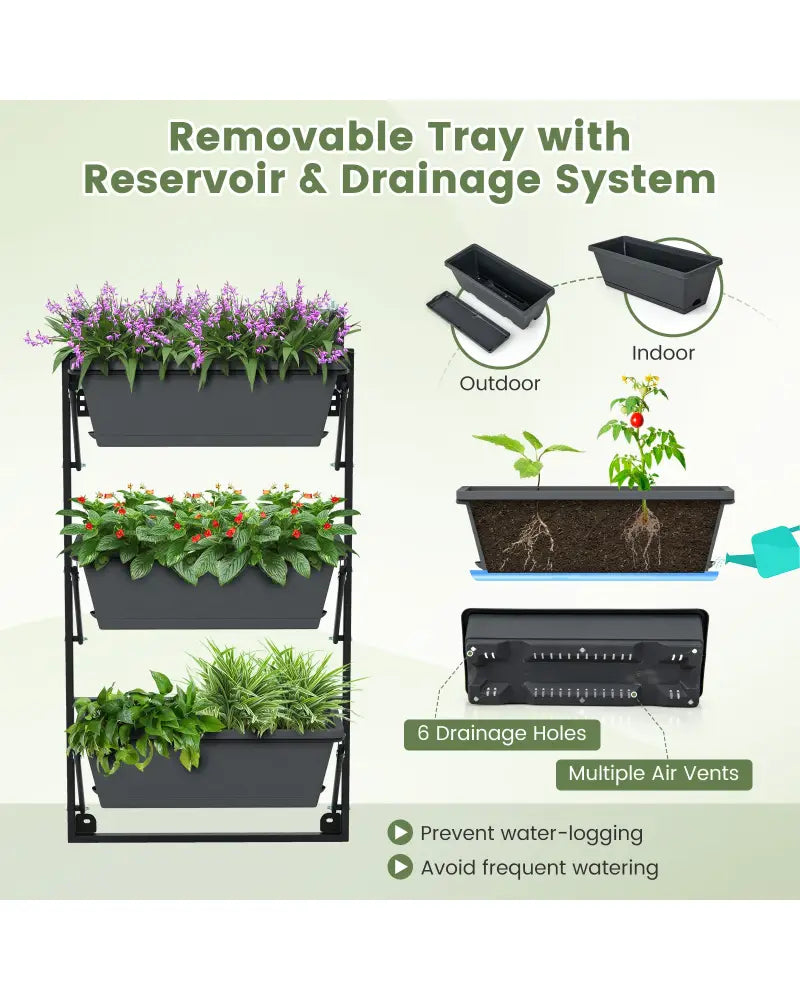 Hanging Vertical Planter Wall-mounted Adjustable with Detachable Hooks-Black - Black - Raised Garden Beds