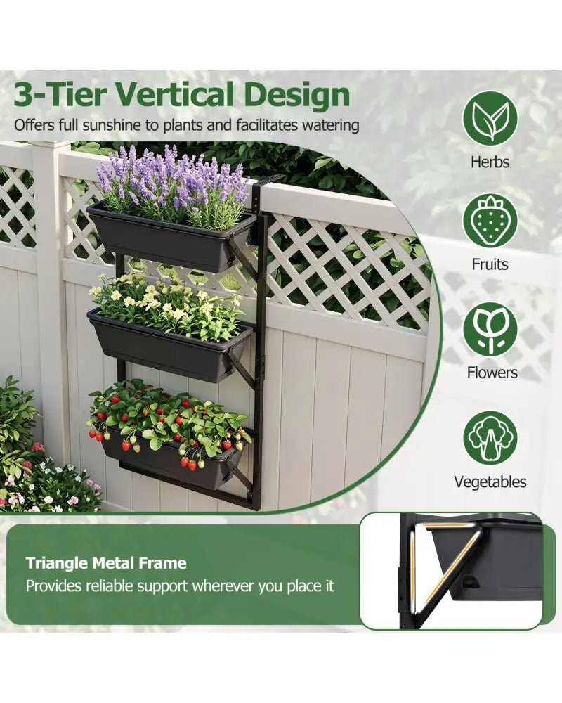 Hanging Vertical Planter Wall-mounted Adjustable with Detachable Hooks-Black - Black - Raised Garden Beds