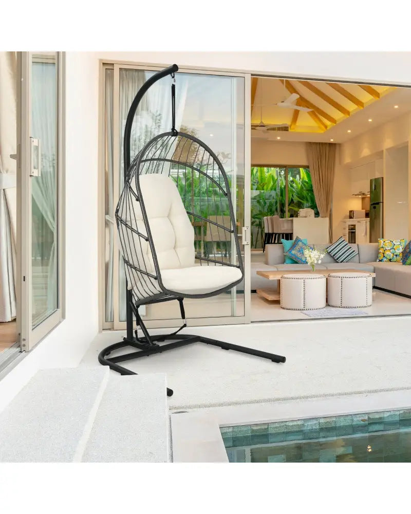 Hanging Wicker Egg Chair with Stand -Beige - Beige - Hammocks