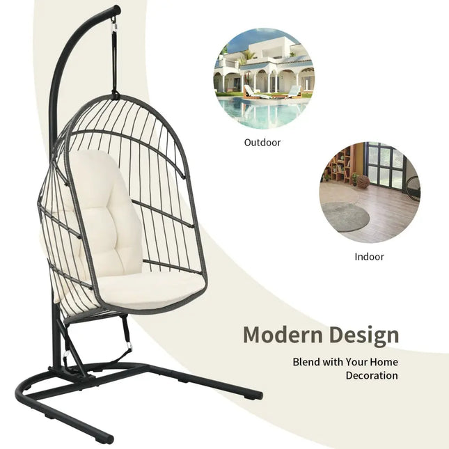 Hanging Wicker Egg Chair with Stand -Beige - Beige - Hammocks