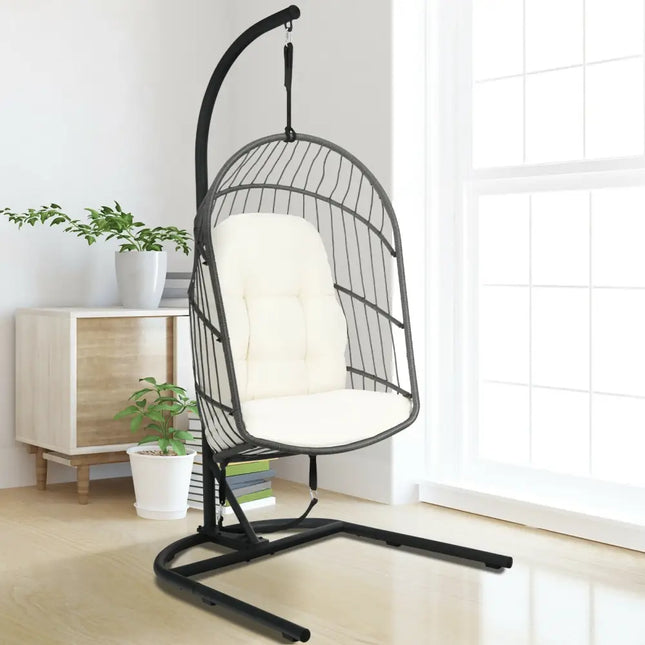 Hanging Wicker Egg Chair with Stand -Beige - Beige - Hammocks