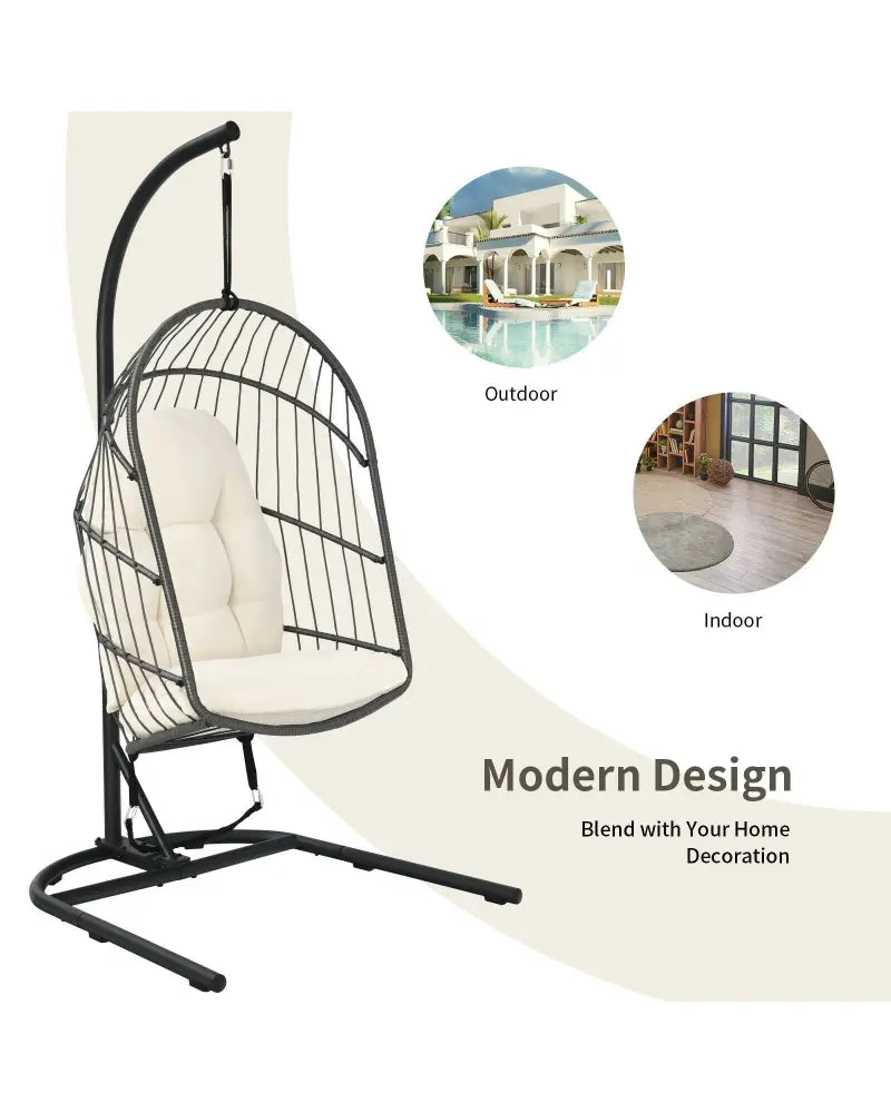 Hanging Wicker Egg Chair with Stand -Beige - Beige - Hammocks