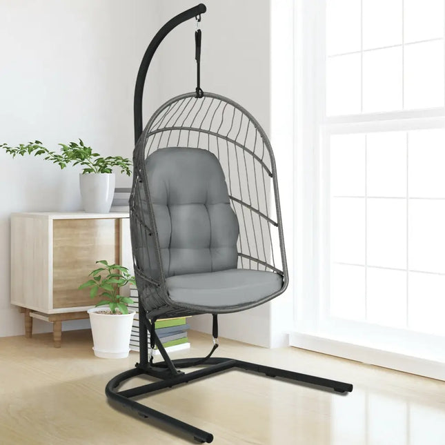 Hanging Wicker Egg Chair with Stand -Gray - Gray - Hammocks