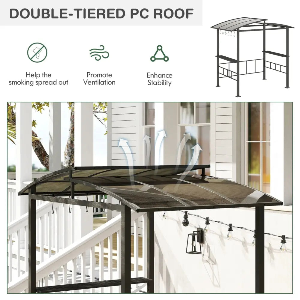 Hardtop Grill Gazebo with Vented Polycarbonate Roof Side Shelves-Black - Black - Gazebos