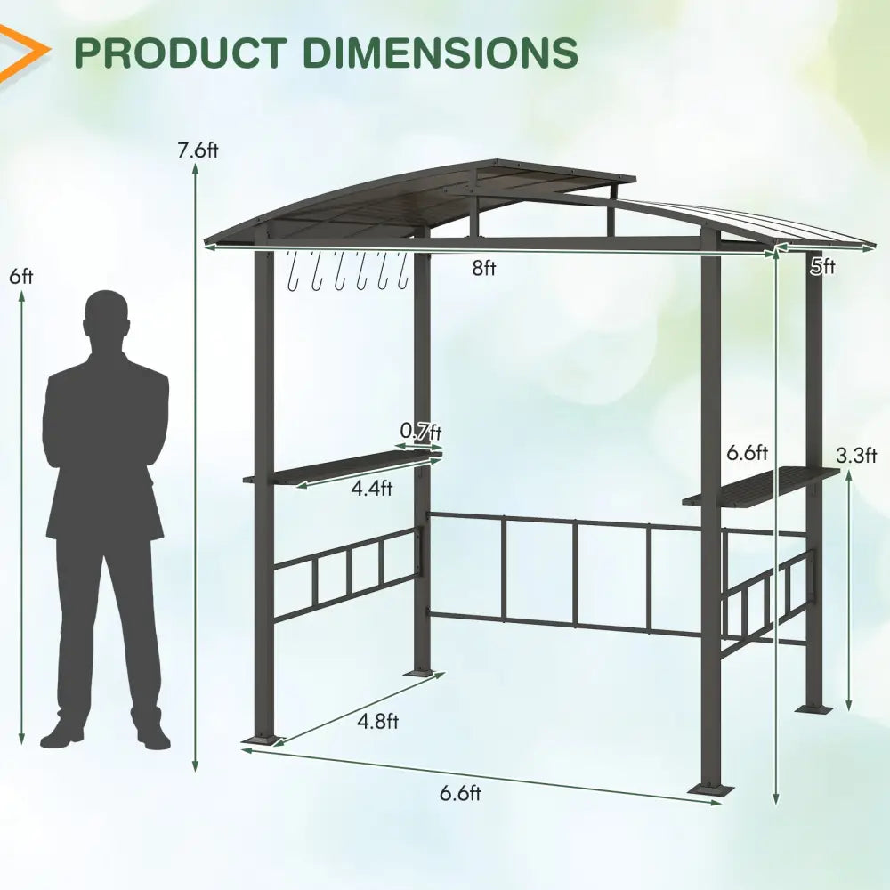 Hardtop Grill Gazebo with Vented Polycarbonate Roof Side Shelves-Black - Black - Gazebos