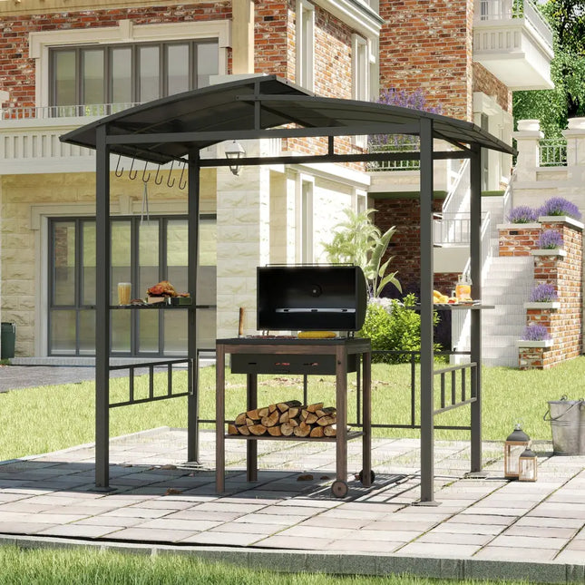Hardtop Grill Gazebo with Vented Polycarbonate Roof Side Shelves-Black - Black - Gazebos
