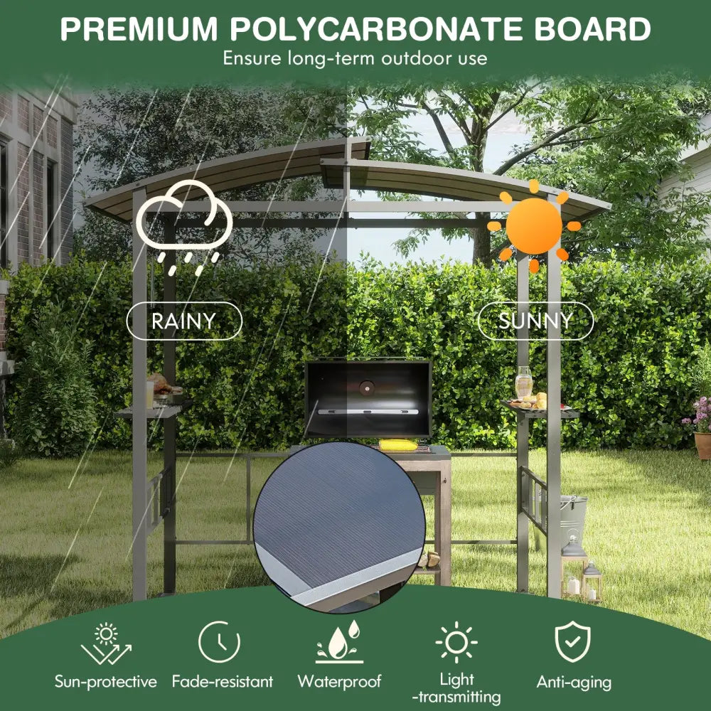 Hardtop Grill Gazebo with Vented Polycarbonate Roof Side Shelves-Black - Black - Gazebos