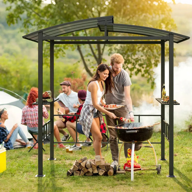 Hardtop Grill Gazebo with Vented Polycarbonate Roof Side Shelves-Black - Black - Gazebos