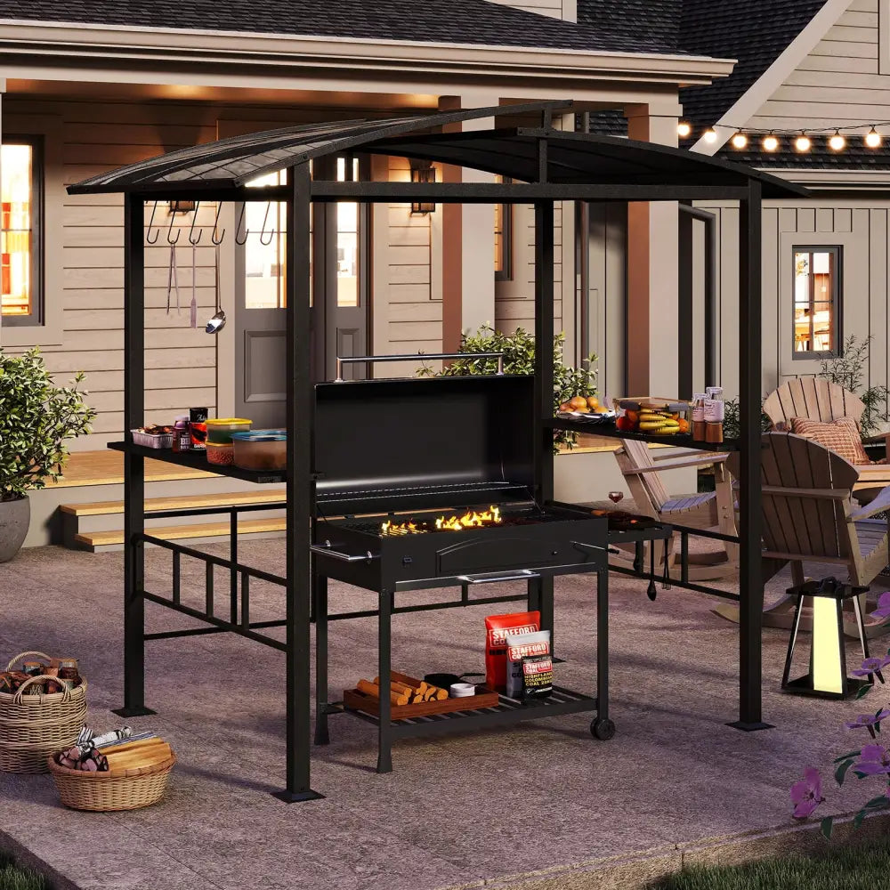 Hardtop Grill Gazebo with Vented Polycarbonate Roof Side Shelves-Black - Black - Gazebos
