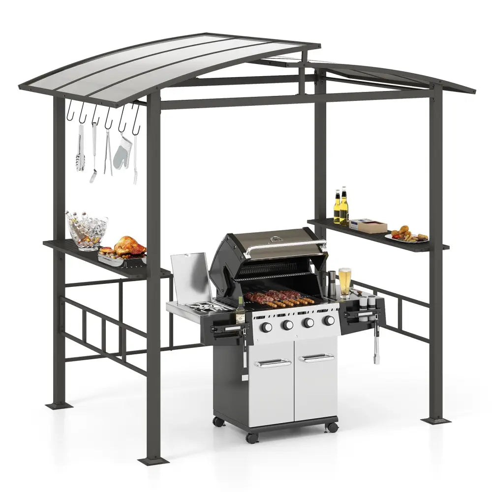 Hardtop Grill Gazebo with Vented Polycarbonate Roof Side Shelves-Black - Black - Gazebos