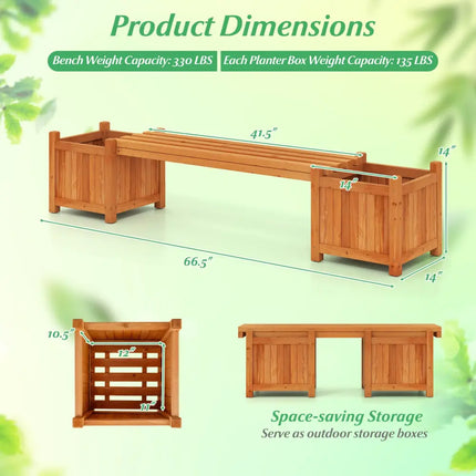 Hardwood Planter Box with Bench Garden Bench with 2 Side Flower Boxes - Natural - Raised Garden Beds