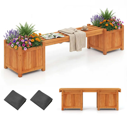 Hardwood Planter Box with Bench Garden Bench with 2 Side Flower Boxes - Natural - Raised Garden Beds