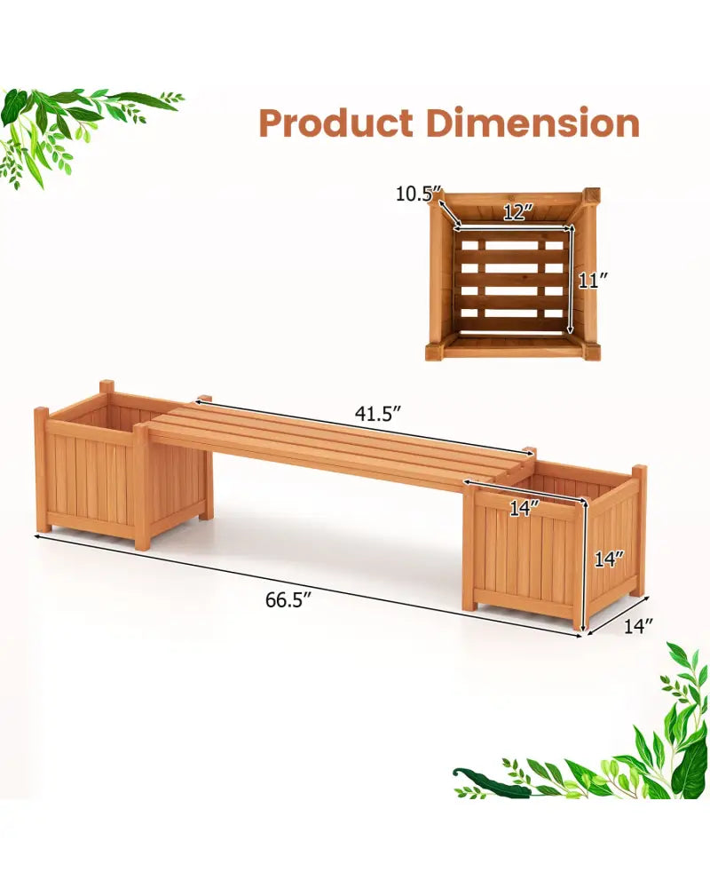 Hardwood Planter Box with Bench Garden Bench with 2 Side Flower Boxes - Natural - Raised Garden Beds