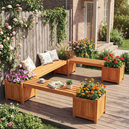 Hardwood Planter Box with Bench Garden Bench with 2 Side Flower Boxes - Natural - Raised Garden Beds