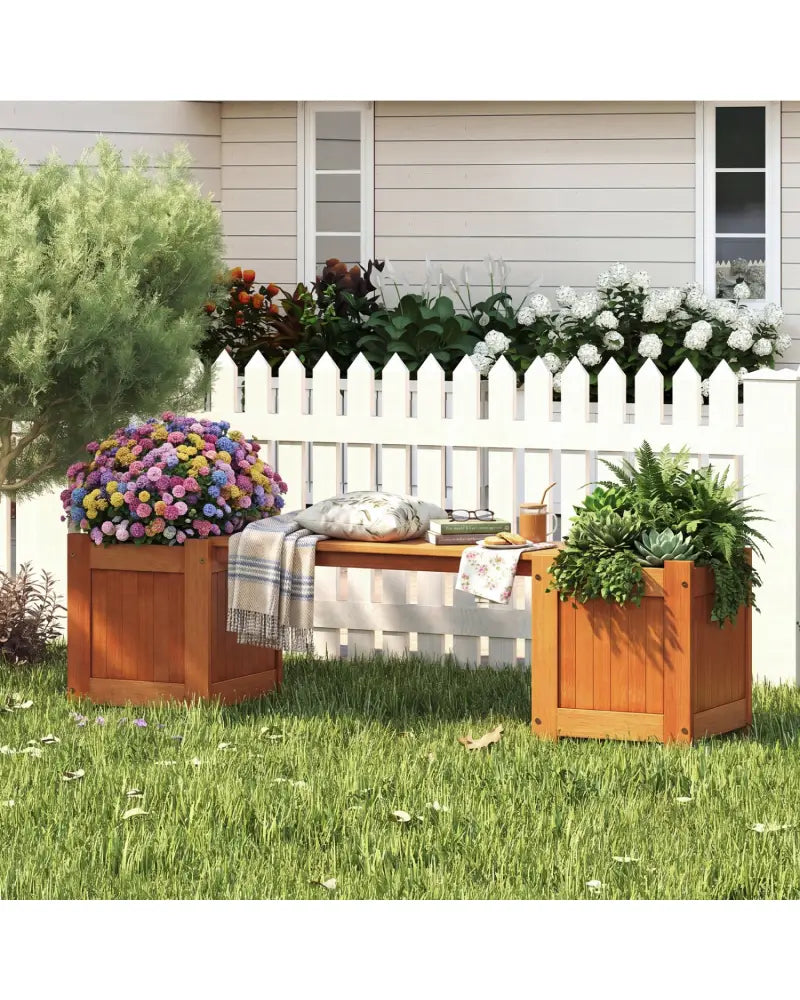 Hardwood Planter Box with Bench Garden Bench with 2 Side Flower Boxes - Natural - Raised Garden Beds