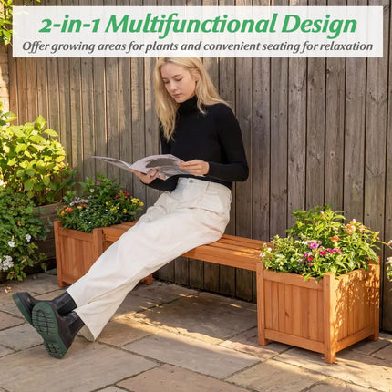 Hardwood Planter Box with Bench Garden Bench with 2 Side Flower Boxes - Natural - Raised Garden Beds