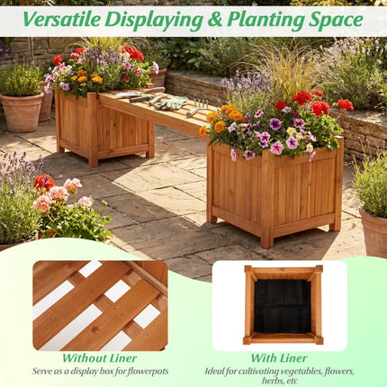 Hardwood Planter Box with Bench Garden Bench with 2 Side Flower Boxes - Natural - Raised Garden Beds