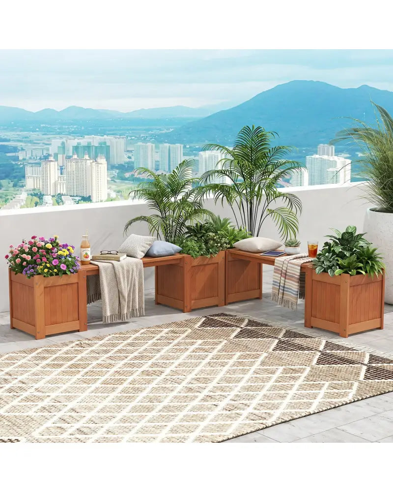 Hardwood Planter Box with Bench Garden Bench with 2 Side Flower Boxes - Natural - Raised Garden Beds