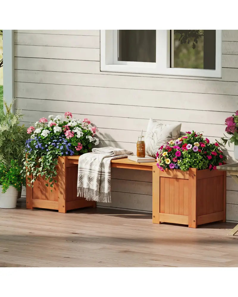 Hardwood Planter Box with Bench Garden Bench with 2 Side Flower Boxes - Natural - Raised Garden Beds