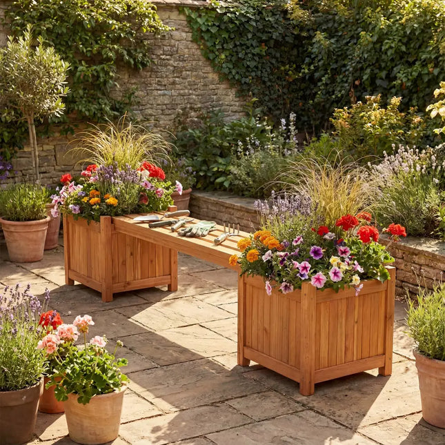 Hardwood Planter Box with Bench Garden Bench with 2 Side Flower Boxes - Natural - Raised Garden Beds
