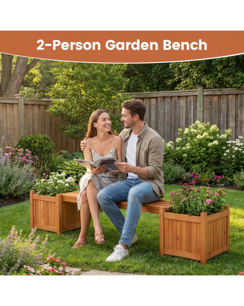 Hardwood Planter Box with Bench Garden Bench with 2 Side Flower Boxes - Natural - Raised Garden Beds