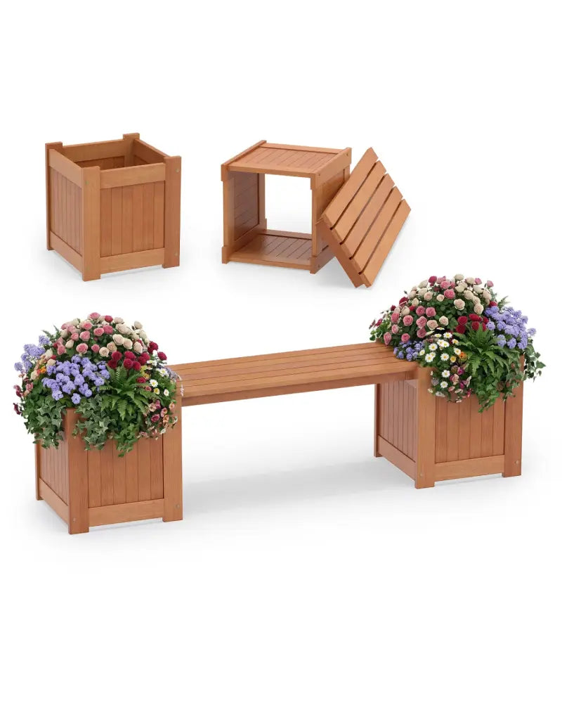 Hardwood Planter Box with Bench Garden Bench with 2 Side Flower Boxes - Natural - Raised Garden Beds
