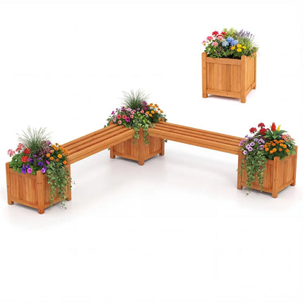 Hardwood Planter Box with Bench Garden Bench with 2 Side Flower Boxes - Natural - Raised Garden Beds