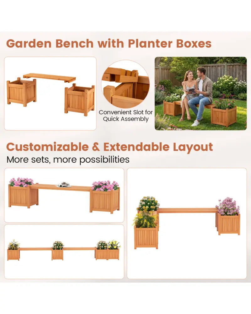 Hardwood Planter Box with Bench Garden Bench with 2 Side Flower Boxes - Natural - Raised Garden Beds