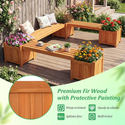 Hardwood Planter Box with Bench Garden Bench with 2 Side Flower Boxes - Natural - Raised Garden Beds