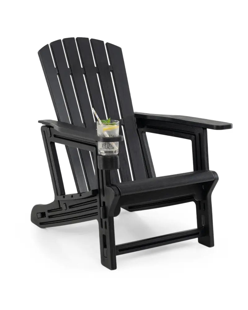 HDPE Adirondack Chair with Cup Holder and Wood-Like Texture High Back for Garden-Black - Black - Adirondack Chairs