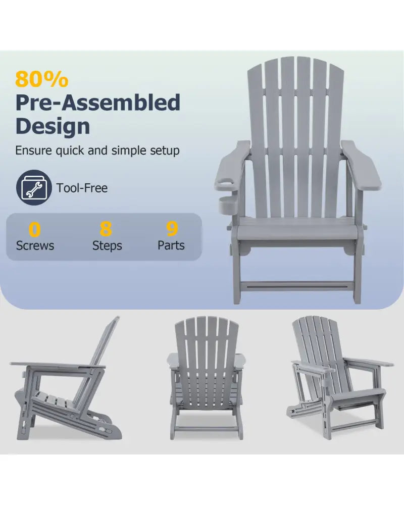 HDPE Adirondack Chair with Cup Holder and Wood-Like Texture High Back for Garden-Gray - Gray - Adirondack Chairs
