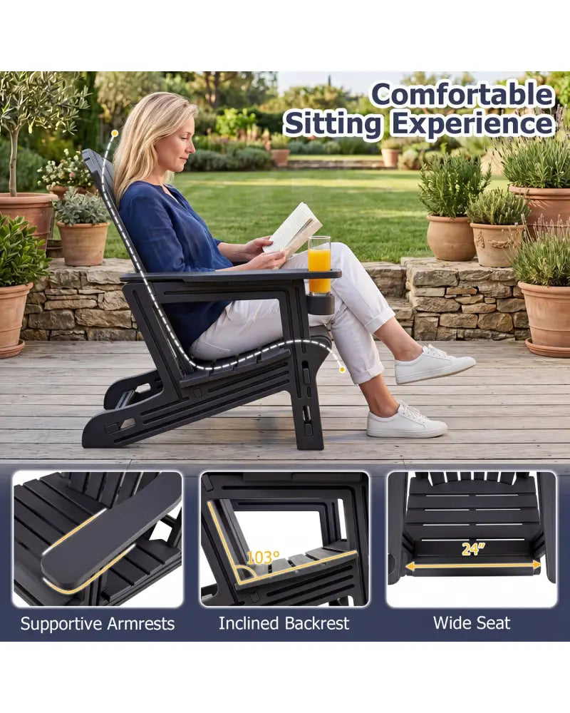 HDPE Adirondack Chair with Cup Holder and Wood-Like Texture High Back for Garden-Black - Black - Adirondack Chairs