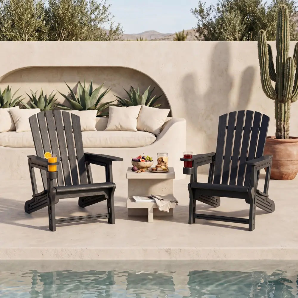 HDPE Adirondack Chair with Cup Holder and Wood-Like Texture High Back for Garden-Black - Black - Adirondack Chairs