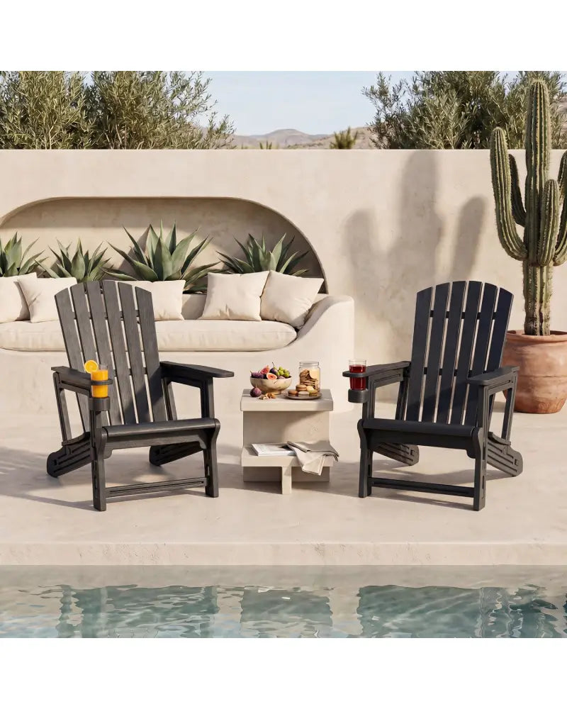 HDPE Adirondack Chair with Cup Holder and Wood-Like Texture High Back for Garden-Black - Black - Adirondack Chairs