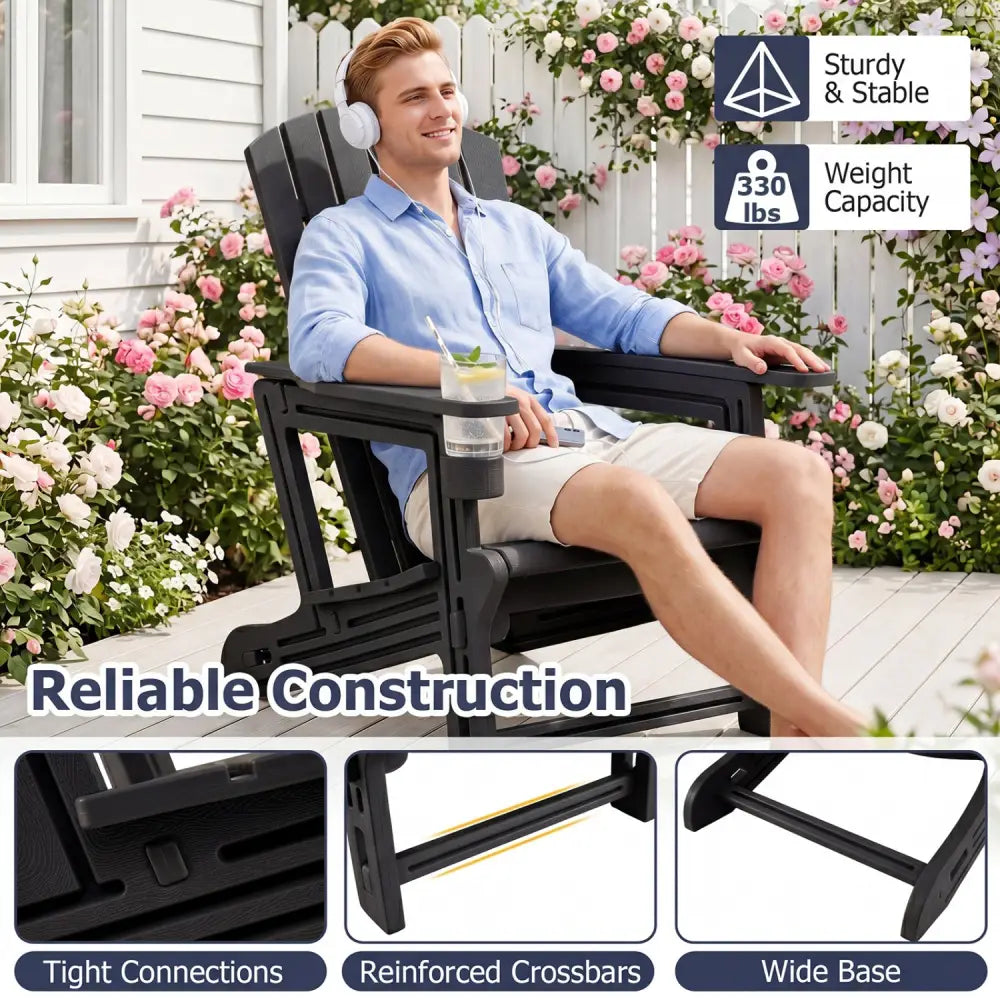 HDPE Adirondack Chair with Cup Holder and Wood-Like Texture High Back for Garden-Black - Black - Adirondack Chairs