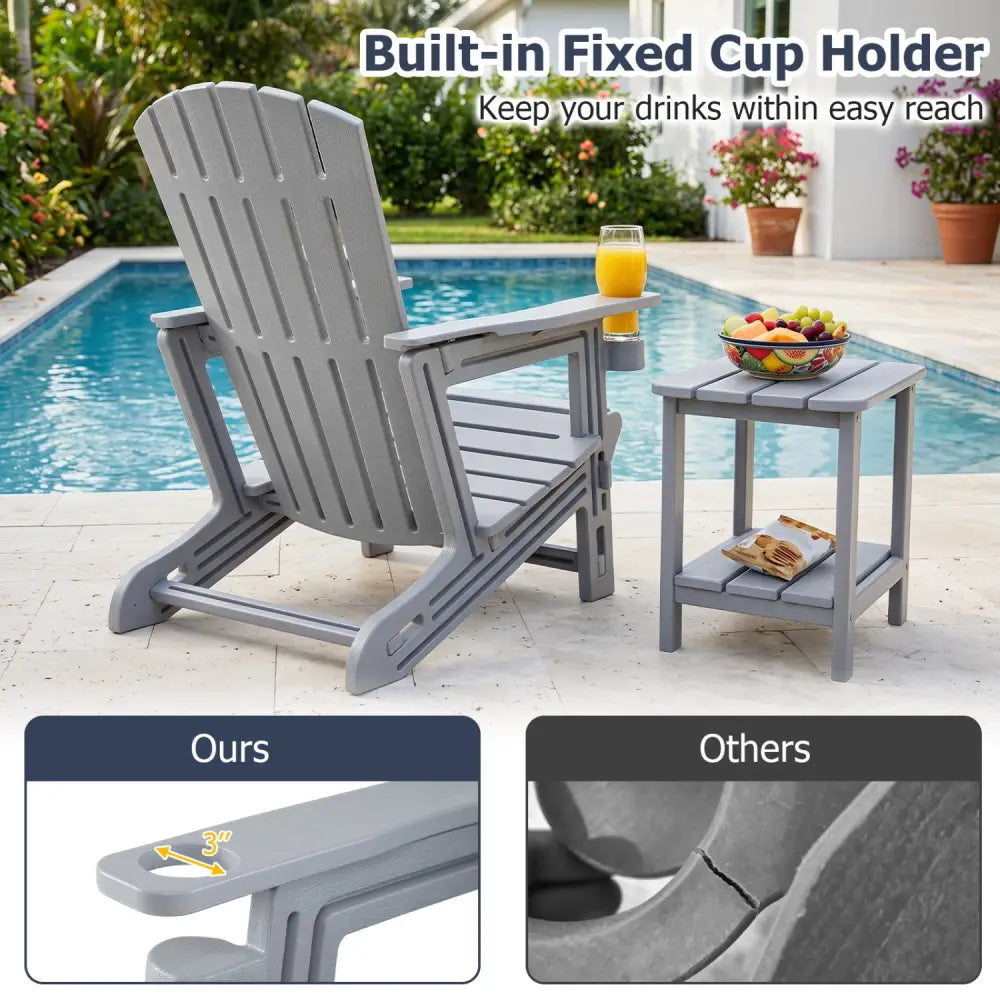 HDPE Adirondack Chair with Cup Holder and Wood-Like Texture High Back for Garden-Gray - Gray - Adirondack Chairs