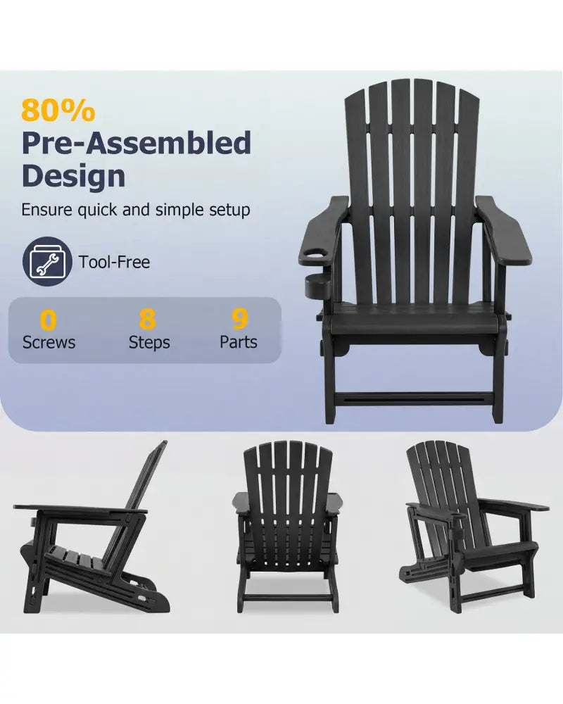 HDPE Adirondack Chair with Cup Holder and Wood-Like Texture High Back for Garden-Black - Black - Adirondack Chairs