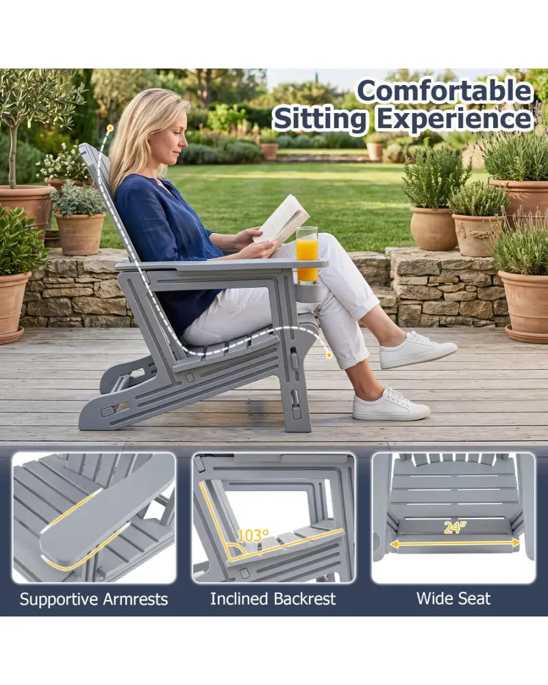 HDPE Adirondack Chair with Cup Holder and Wood-Like Texture High Back for Garden-Gray - Gray - Adirondack Chairs