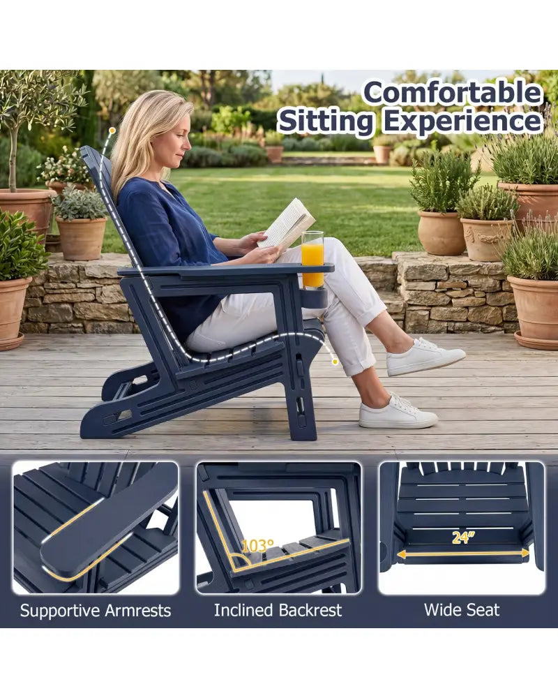 HDPE Adirondack Chair with Cup Holder and Wood-Like Texture High Back for Garden -Blue - Blue - Adirondack Chairs