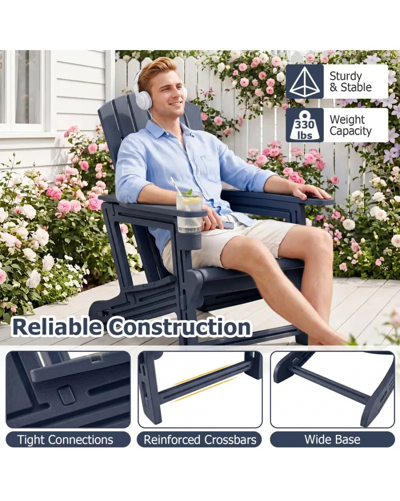 HDPE Adirondack Chair with Cup Holder and Wood-Like Texture High Back for Garden -Blue - Blue - Adirondack Chairs