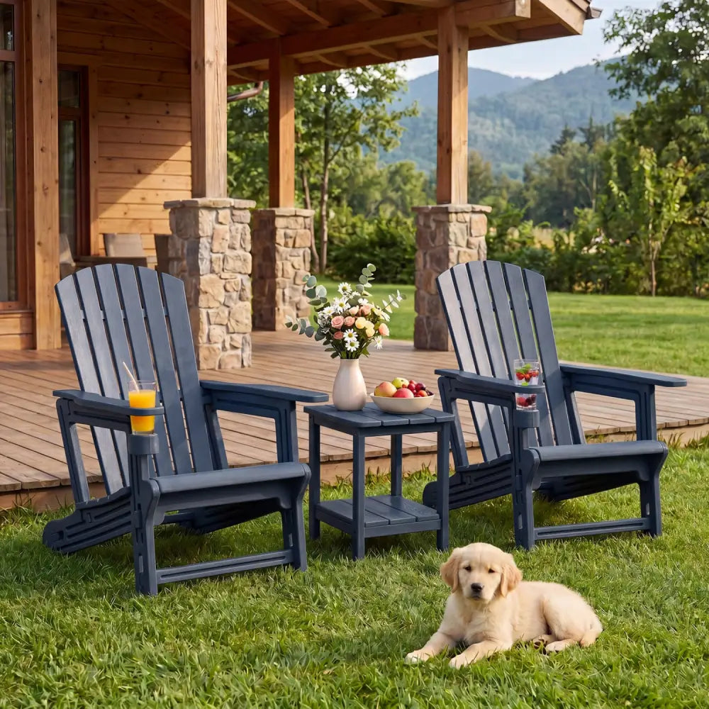 HDPE Adirondack Chair with Cup Holder and Wood-Like Texture High Back for Garden -Blue - Blue - Adirondack Chairs