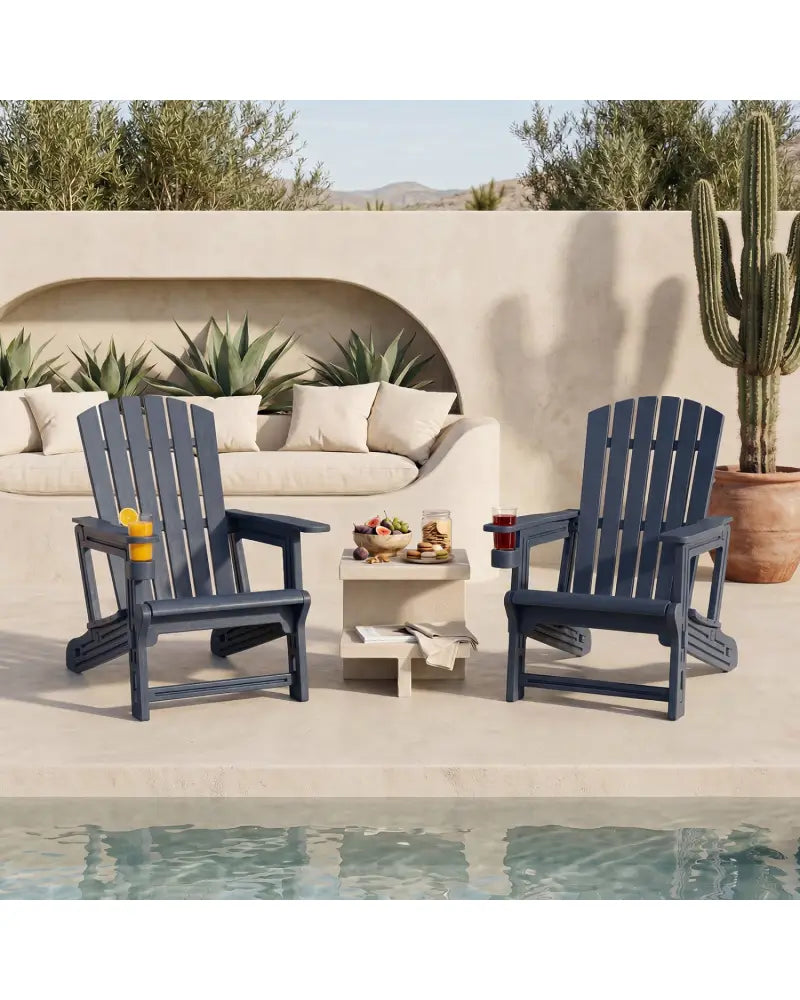 HDPE Adirondack Chair with Cup Holder and Wood-Like Texture High Back for Garden -Blue - Blue - Adirondack Chairs
