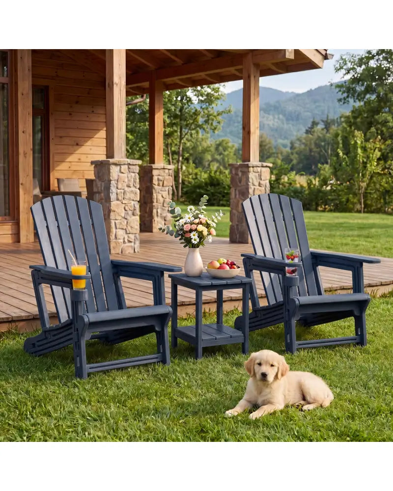 HDPE Adirondack Chair with Cup Holder and Wood-Like Texture High Back for Garden -Blue - Blue - Adirondack Chairs