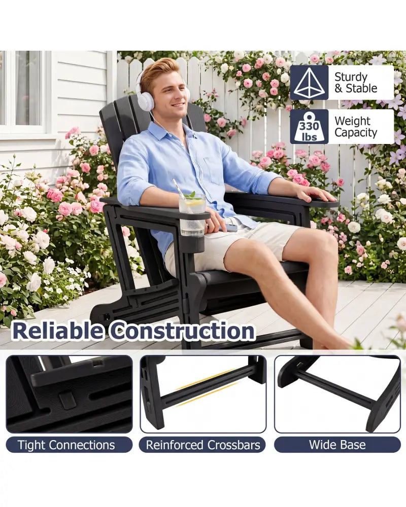 HDPE Adirondack Chair with Cup Holder and Wood-Like Texture High Back for Garden-Black - Black - Adirondack Chairs